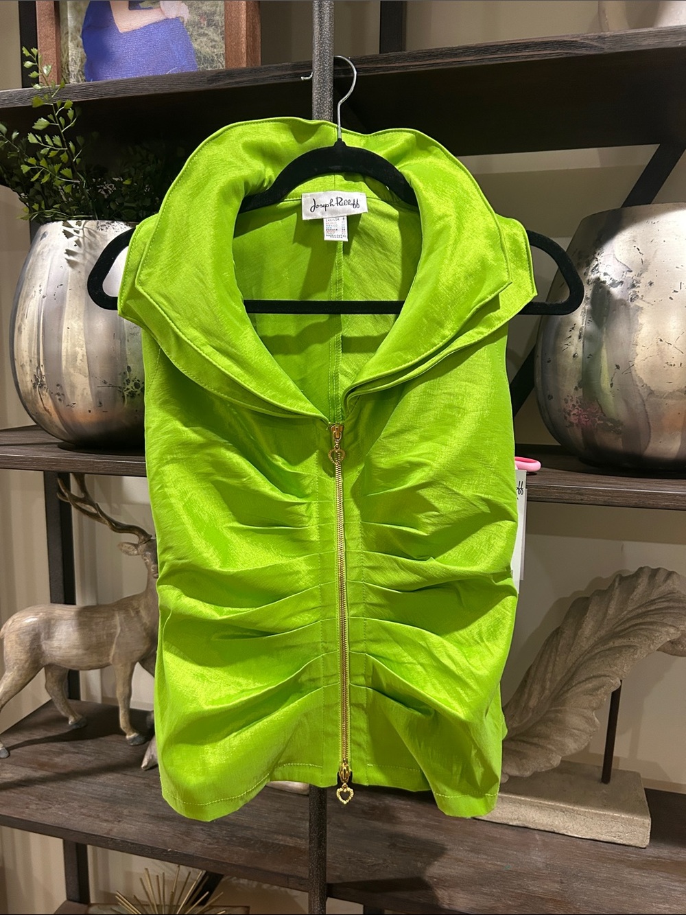 Joseph Ribkoff US 10 Neon Lime Ruched Zip-Front Sleeveless Jacket